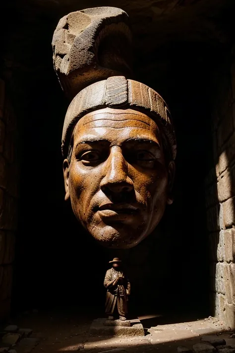 there is a statue of a man with a hat in a cave, cg film societycg film societycg film society, in the artistic style of quetzecoatl, film still image, giant head statue ruins, inspired by Karel Dujardin, soft inca theme, travel announcement, The witness