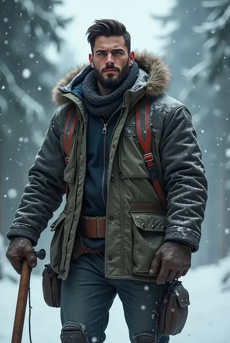 young people, beard, Black Hair, Blue Eyes, Handsome, Serious expression, High target, Strong, Masculinity, muscle, woodcutter, winter outfit, winter coat, Dynamic poses, ultra Practical, Detailed, high quality, Practical, 4K, Pine forest background, snows...