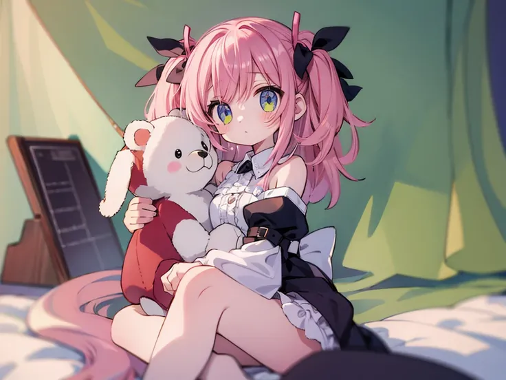 score_9, score_8_up, score_7_up, source_anime, 1girl, on bed, hugging teddy bear, light pink hair, two side up, black ribbon, sitting, white dress, frills, cute