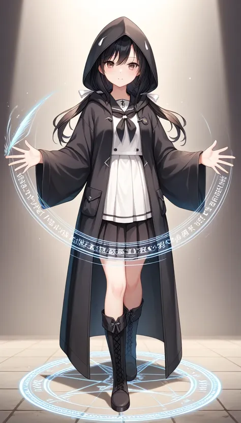 (High resolution, 8k, best quality, masterpiece, ultra detailed, anatomically correct), masterpice anime, hentai, 
1girl, standing, majic circle on hand, (Shoots magical beam from own hand:1.6), (long shovel in one hand:1.2),
black hair, low tiwntails with...