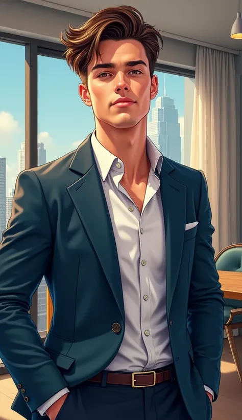 Ultra realistic and quality, Create a digital illustration of a young, confident, and wealthy man in his late 20s and early 30s. He should have a sharp, neat appearance with stylish, Modern clothing, that reflects success – think of tailored suits or desig...