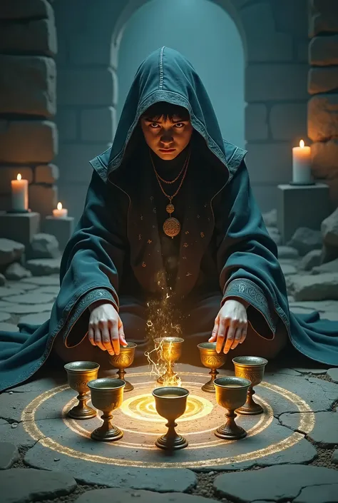 A young wizard chanting a spell by placing multiple chalices on top of a magic circle