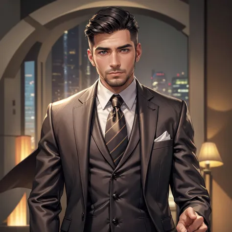 Create a digital illustration of a young, confident, and wealthy man in his late 20s and early 30s. He should have a sharp, neat appearance with stylish, Modern clothing, that reflects success – think of tailored suits or designer casual wear. The backgrou...