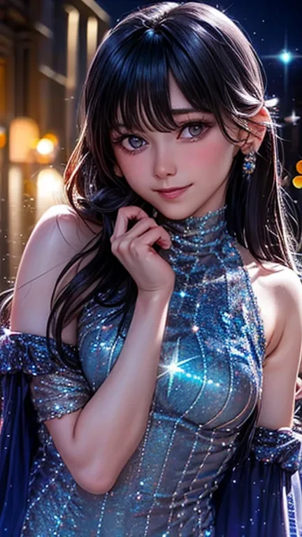 One girl,(Wearing a blue glittering evening mini dress:1.7),(RAW Photos, Best Quality), (Realistic, photo-Realistic:1.4), masterpieceExtremely delicate and beautiful, Very detailed, 2k wallpaper, wonderful, In detail, Very detailed CG unity 8k wallpaper, S...