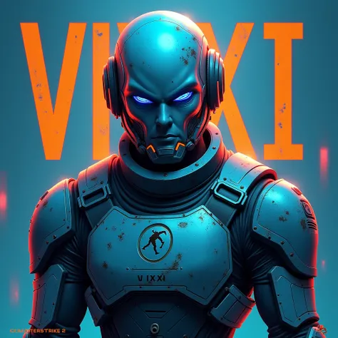 ((masterpiece, ultra-detailed, 8k quality)), A striking avatar featuring the gamer name **"VIXXI"** in **CS:GO themed letters** and vibrant **blue and orange colors** inspired by the **CS2** aesthetic. The main character is a **male extraterrestrial astron...