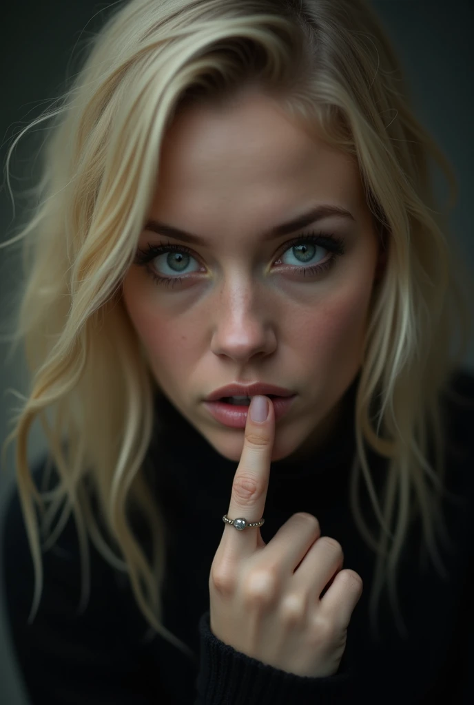 A blonde woman in her early 20s from Poland holding her middle finger to her lips。