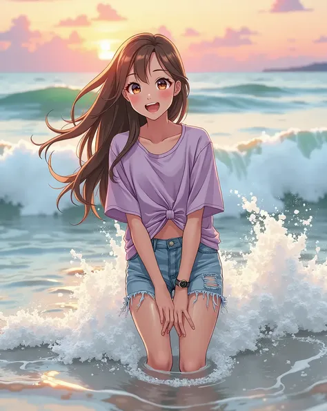 A vibrant anime-style scene featuring a cheerful young woman standing in the shallow waters of a beach during sunset. She has long, flowing hair, a big smile on her face, and is wearing a loose-fitting light purple t-shirt. The sunset behind her casts beau...