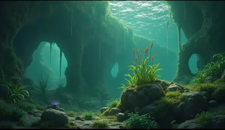 
there is a picture of a green Underwater scene with rocks and plants, Thomas Haffner (Thomas Häfner) Digital Painting, shutter, Digital Art, Underwater landscape, Underwater environment, Underwater scene, Underwater plants, Underwater background, Submarin...