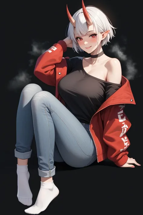 score_9,score_8_up,score_7_up,score_6_up, source anime,masterpiece,best quality,ultra detailed eyes BREAK 1girl, solo, horns, red eyes, socks, breasts, pants, shirt, colored skin, jacket, sitting, short hair, oni horns, white hair, red jacket, large breast...