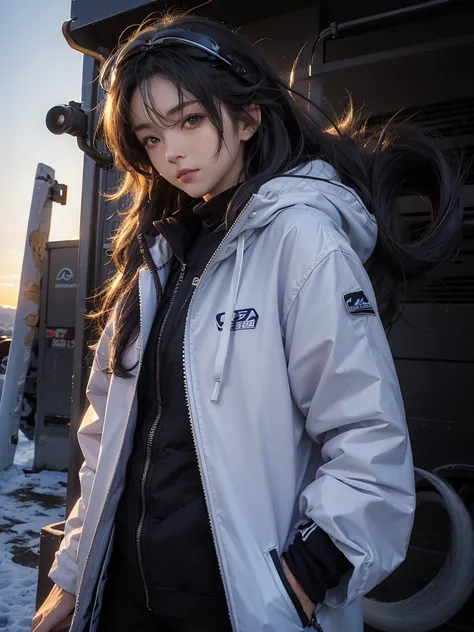 Masterpiece, Best picture quality, Extreme vividness, Anime girl with curly tail, small 체형, White functional coat, small, Blue-Purple Gradient Ski Goggles, Cyberpunk, gray hair, Natural casual style, dynamic posture, Golden Section, Portrait taken with a l...