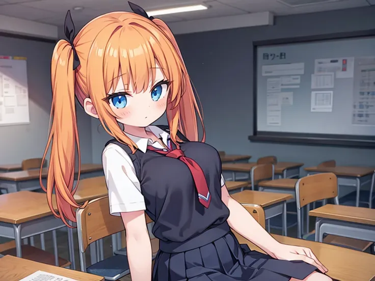 1 girl, twin tails, orange hair, blue eyes, big breasts, school uniform, sky blue collared shirt, black necktie, black pleated skirt, classroom, girl sitting on desk in classroom at dusk, (shirt lift: 1.2), no bura, Nipple Breasts Out,