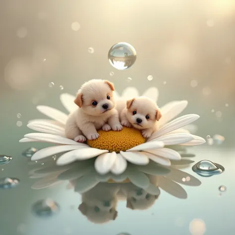 A medium resolution image of micro mini pups, sitting on a giant chamomile flower, reflected in a huge drop of dew, cute, tiny, adorable animals, nature, macro photography, soft focus, dreamy, pastel colors, whimsical, photorealism, superrealism, 8K, detai...