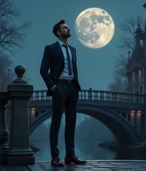 Very well dressed male model looking at the moon on a bridge