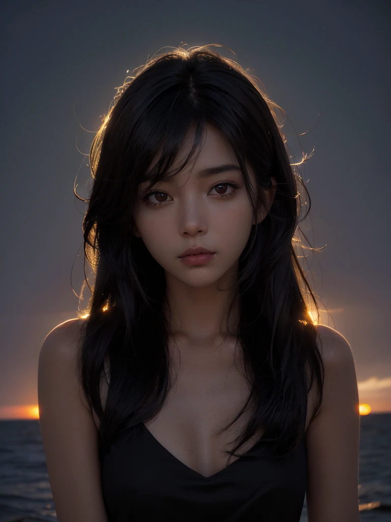 Highest quality, blank, Contrast of light and shadow, Super Textures, Sunset afterglow, Very clear screen, A simple picture,5,Black hair, A fascinating face