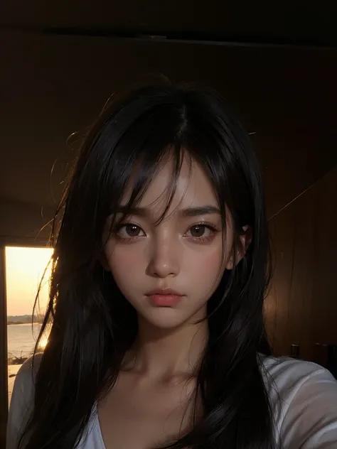 Highest quality, blank, Contrast of light and shadow, Super Textures, Sunset afterglow, Very clear screen, A simple picture,5,Black hair, A fascinating face