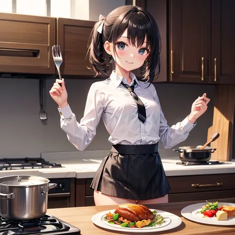 (masterpiece),(Best Quality),(Ultra high definition),(High resolution),(4K),One girl、Short black ponytail、smile、(Small breasts:1.2)、(White ribbon)、(Long sleeve white school shirt)、(Black regular tie)、(Checkered black mini skirt)、Cooking food、Gorgeous kitch...