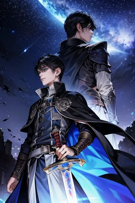 A man with black hair and blue eyes, look at the sky, blood, stained blood, dungeon, sword, magic, sky full of stars, Cold shadow, soft lightening.