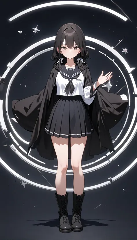 (High resolution, 8k, best quality, masterpiece, ultra detailed:1.2), anatomically correct, masterpice anime, hentai, 
1girl, standing, majic circle on hand,
black hair, low tiwntails with white ribbon, dark brown eye, 
BRAKE 
serafuku, (white blouse:1.5),...