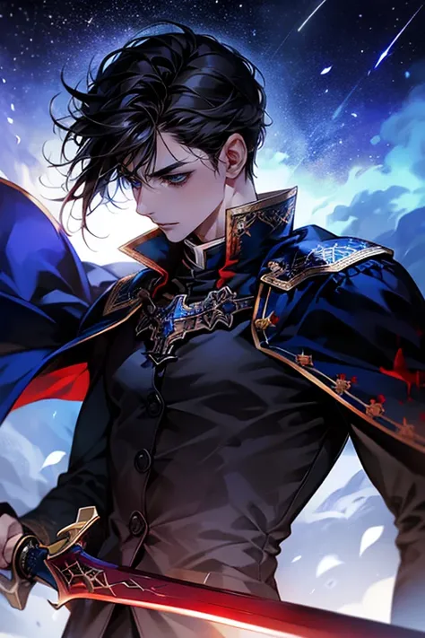 A man with black hair and blue eyes, look at the sky, blood, stained blood, dungeon, sword, magic, sky full of stars, Cold shadow, soft lightening.