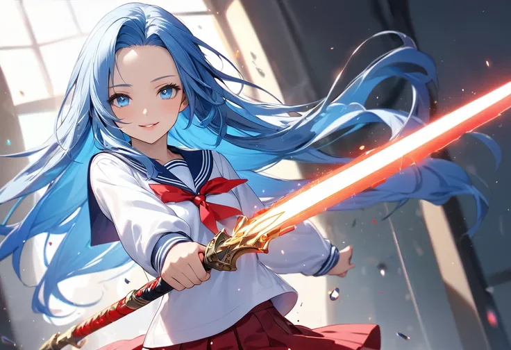 (detailed battle style), (hand holding a beautiful detailed divine very long Beam Blade is upper), solo:2, (beautiful forehead) (best beautiful blue hair long hair) (best cute girl is 15 yo), (best cute blue eyes) (serious smile, glossy lip), in a white sc...