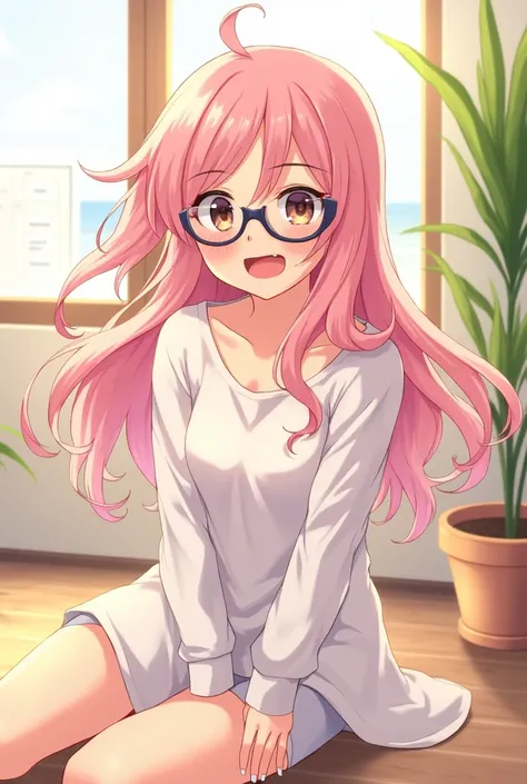 Anime girl with glasses, loose clothes, long pink hair, hair on the right head faced upwards, hair on the left head faced down, sitting pose, daylight, happy