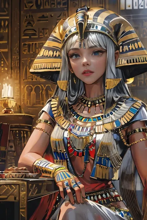 (high resolution, best quality, masterpiece, 8k), ancient egypt, cleopatra style girl, silver blonde middle, pharaoh&#39;s cloth...