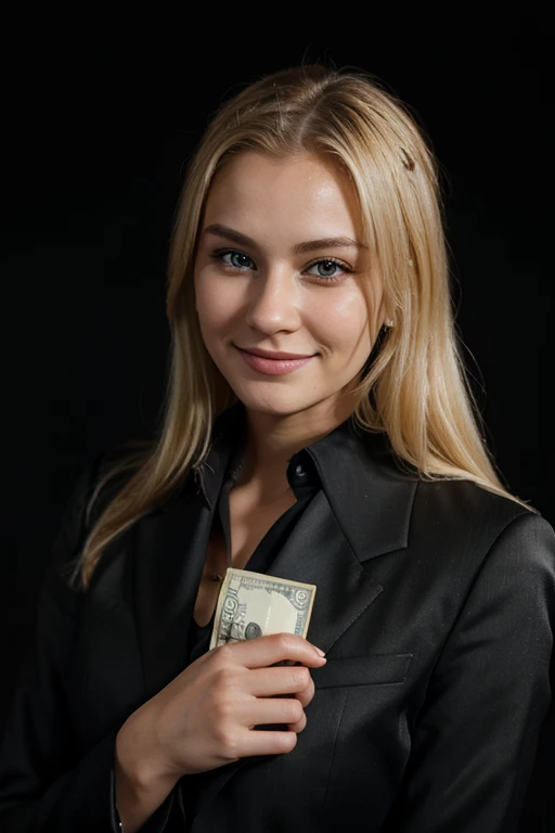 Very attractive woman, blonde, russian girlfriend, facing the camera, smiling. Wearing an expensive business suit. Holding money close to her face. Black background.