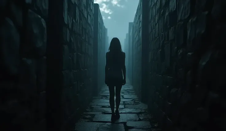 Silhouette of a young woman in a dark stone maze.

night, darkness 