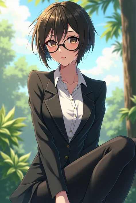 Anime girl with glasses, short hair, tomboyish but good looking, distinguished hairstyle, almost a hairstyle for men, wearing nice clothes, on day, sitting pose.