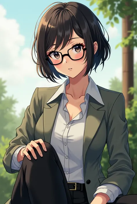 Anime girl with glasses, short hair, tomboyish but good looking, distinguished hairstyle, almost a hairstyle for men, wearing nice clothes, on day, sitting pose.