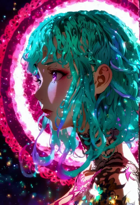 female character,anime style,curvy body,with teal hair. hair is styled in loose waves. the background is circular and features a...