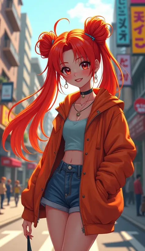 A vibrant and colorful scene featuring a 1 teenage girl with striking, fiery red hair—so bright and intense it appears almost nuclear. Her hair is styled in a Sailor Moon-inspired hairstyle, with long flowing pigtails and buns. She is dressed in trendy, st...