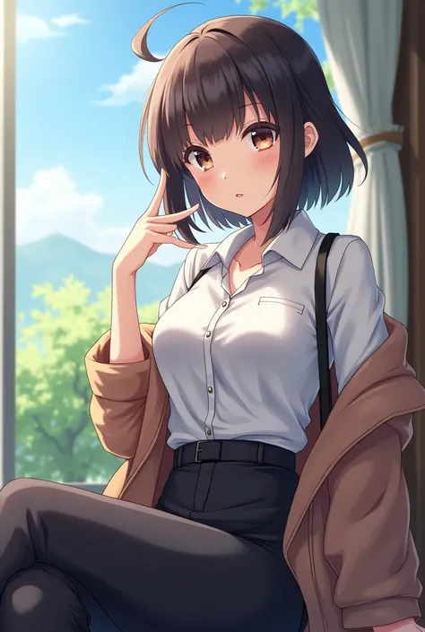 Anime girl with glasses, short hair, tomboyish but good looking, distinguished hairstyle, almost a hairstyle for men, wearing nice clothes, on day, sitting pose. Right hair is raised like some mens hair