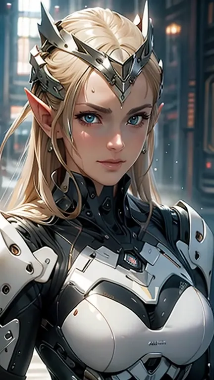 masterpiece, Best Quality, Highly detailed CG Unity 8k wallpaper,((One very beautiful woman, whole body)), ((Hangar)), (Long pointy ears), Elegant long wavy platinum blonde hair, ((Average chest size, Self-illuminating skin)), ((Exposed armor)), (Sweaty, W...