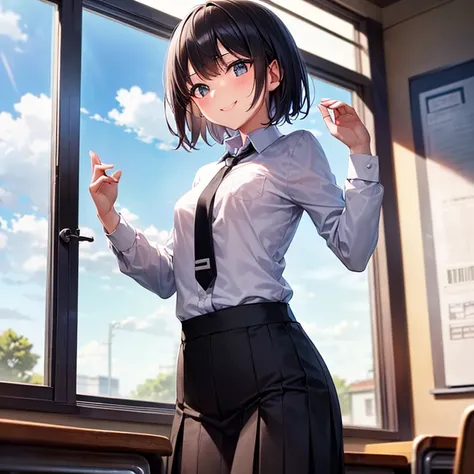 (masterpiece),(Best Quality),(Ultra high definition),(High resolution),(4K),One girl、Short black hair、smile、(Small breasts:1.2)、(White ribbon)、(Long sleeve white school shirt)、(Black regular tie)、(Checkered black quat:1.1)、A classroom with a view of the bl...