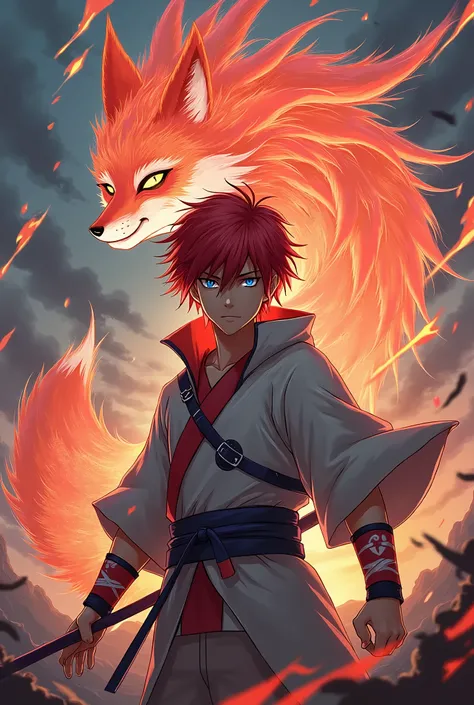 Create a red-haired shinobi, blue eyes in anime style, he is releasing the 9 tails