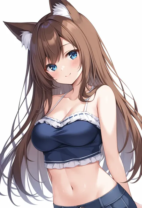 a beautiful girl with long brown hair, medium-sized breasts, blue eyes, looking at viewer, fox ears, perfect anatomy wearing blue cropped top, exposed midriff