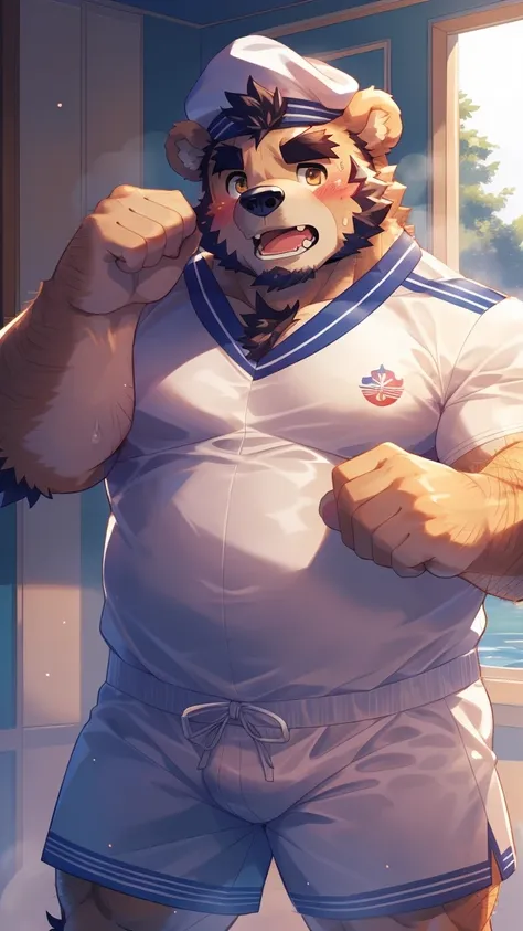 (Imagine:1.5), solitary, anthropology, hairy, hairy male, Bear, ((hairy fur, hairy, hairy body)), (Bear印花), (Thick eyebrows), youth, Muscular, Pectoralis major, White fur, Golden pupils, Detailed teeth, Sailor Suit, 蓝白条纹Sailor Suit服, White beret, Shy expre...