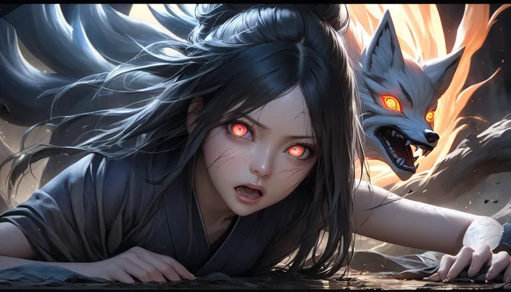 A large ethereal Female nine-tailed fox guardian spirit opaque and without a physical form, at midnight, The guardian spirit is Jump at the viewer with force, Female Naruto, transformed into a woman, crawls on all fours under her guardian spirit, mouth wid...