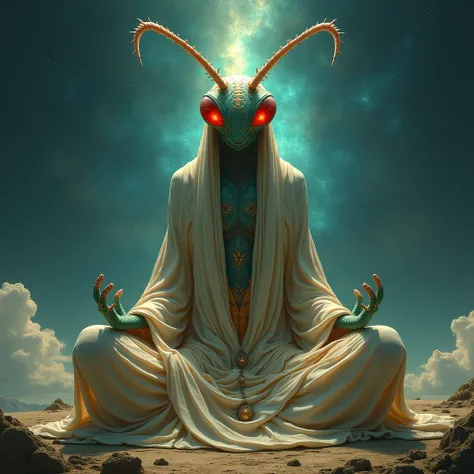 A two-meter tall giant grasshopper insectoid alien, multidimensional being, monk robes, red eyes, starry background, peace and meditation