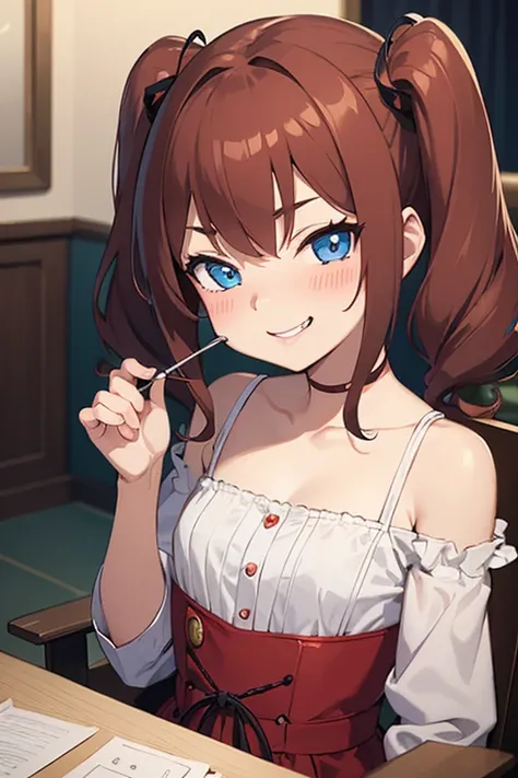 {{{masterpiece}}}, {{{best quality}}}, {{ultra-detailed}}, {illustration}, {{an extremely delicate and beautiful}}, extremely detailed CG, best quality, detailed, super detailed anime,1girl,((((Childish)))),(((evil smile))),reddish brown hair,twintails,sma...