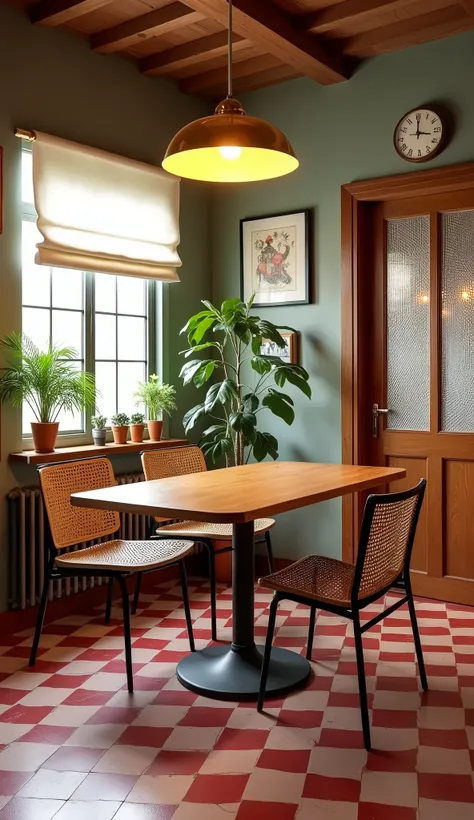 a stylish and cozy dining area with a mid-century modern aesthetic. The layout features a rectangular wooden dining table surrounded by four cane-backed chairs with metal frames. The floor is covered with a red and white checkered tile pattern. A large, go...