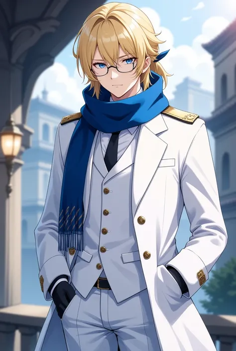 portrait of a beautiful elegant graceful daintily boyish male,  full body, Anime artstyle depiction of a handsome young male with low-tied blonde long ponytails and parted bangs revealing a pale forehead,  best quality, wearing white trench coat, suit, pan...