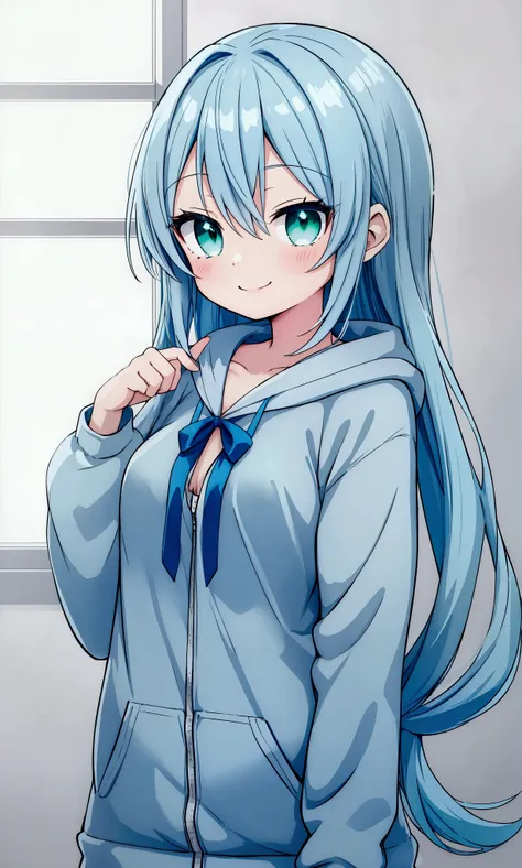 Anime Girls、Light blue hair、Light blue ribbon、Navy blue hoodie、Small breasts、Good smile、Emerald green eyes