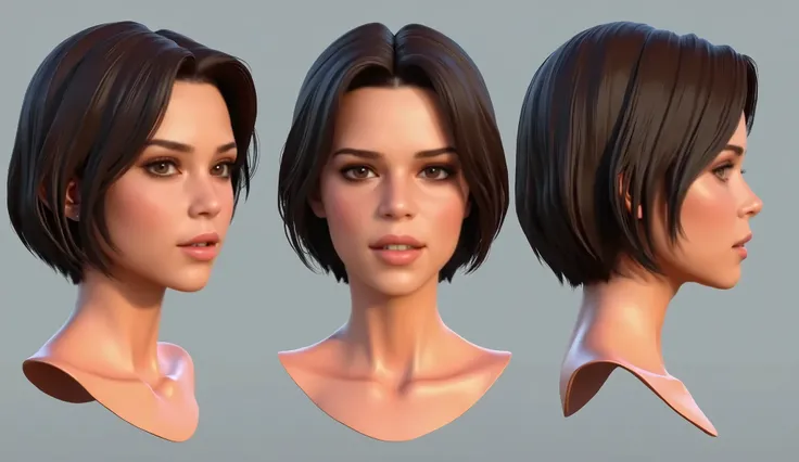 Neve Campbell model sheet, poli, CGI 3D Pixar style, skin texture, very detailed, just like the actress in her Sidney Prescott role in the "Scream" franchise, in the style of Disney 3D animation