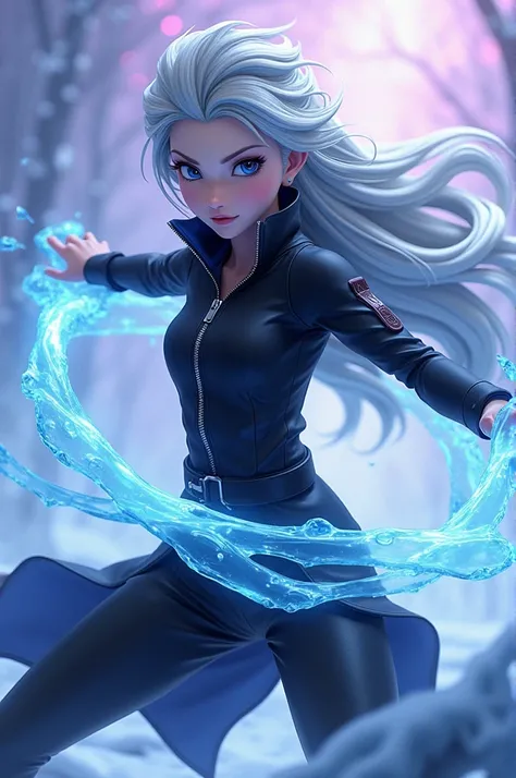 A 3D anime-style medium shot of Princess Elsa in a ninja style, with an infinity background. Elsa is wearing a sleek black jacket with a zipper and has long, grey-blue hair. She is in a dynamic pose, with her iconic ice powers creating an icy spiral around...