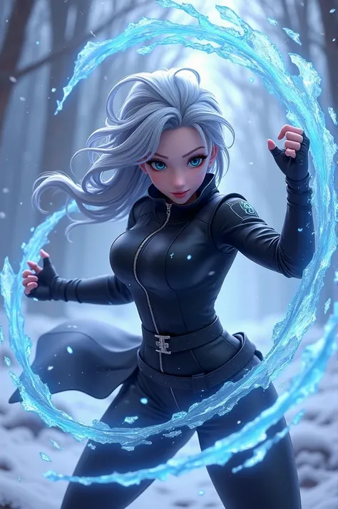 A 3D anime-style medium shot of Princess Elsa in a ninja style, with an infinity background. Elsa is wearing a sleek black jacket with a zipper and has long, grey-blue hair. She is in a dynamic pose, with her iconic ice powers creating an icy spiral around...