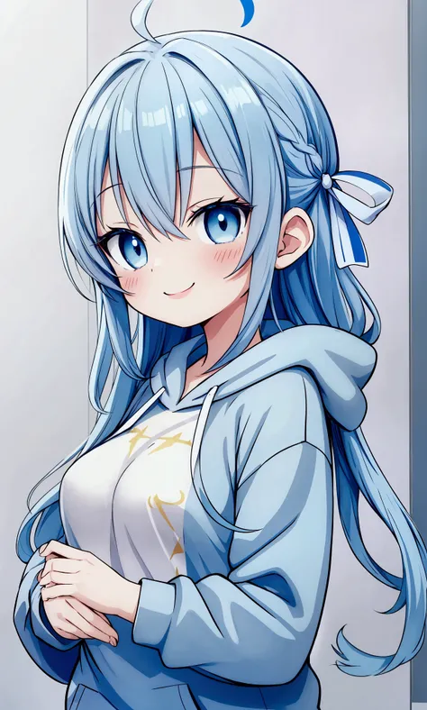 Anime Girls、Light blue hair、baby face、Small breasts、Navy blue hoodie、Light blue ribbon、Big smile