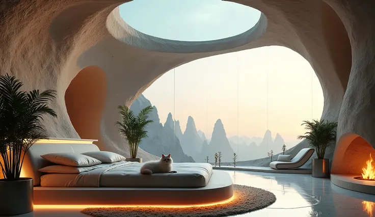 Luxurious futuristic hotel room with a glass dome ceiling, allowing natural sunlight to fill the space and offering a panoramic view of the surrounding futuristic landscape inside a massive meteorite crater. The room features sleek, minimalist design eleme...