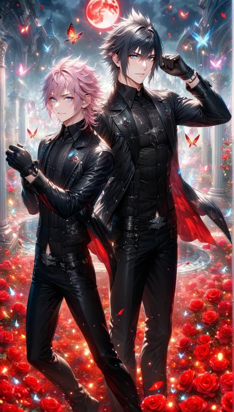 absurdres, highres, ultra detailed, HDR, master piece, best quality, extremely detailed, detailed eyes, detailed face, Noctis Lucis Caelum, black hair, expressive blue eyes, Final Fantasy XV, Nair, pink hair, messy hair, expressive red eyes, two sexy men t...